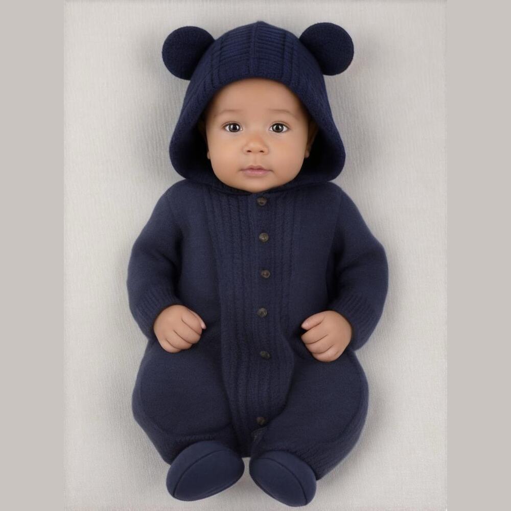 Cat &‎ Jack Boys Romper Size 3-6 Mo Hooded Critter Sweater Blue Ears NEW